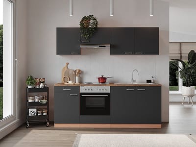 Goedkope keuken 210  cm - complete keuken met apparatuur Gerda  - Beuken/Grijs   - elektrische kookplaat    - afzuigkap - oven    - spoelbak