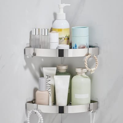 Dailygoods- Doucheplank zonder boren - Hoekplank - Shampoohouder - Roestvrij staal - 2 stuks - Zilver geborsteld - Doucherek