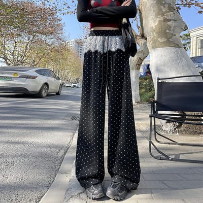 Polkadot Wijdpijpig Broek Dames Lente Elastische Taille Soepel Los Rechte Casual Broek L