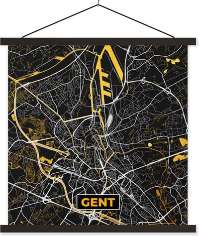 Posterhanger incl. Poster 60x60 cm - Schoolplaat - Kaart - Gold - Plattegrond - Gent - Stadskaart - Textielposter - Zwarte latten - Stadskaart
