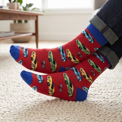 Sokken heren blauw - rood - leuke print auto's - rode auto - 40 - 46 - cadeau voor hem - geschenk man - gift