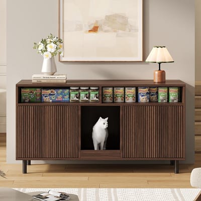 Pugsdrly Kattenbakmeubel/kattenbakmeubel met kattenbakmat, huisdierenmeubel met plank, huisdierenbuffet/tv-meubel, zonder kattenbak, 120x50x66cm, kleur notenhout
