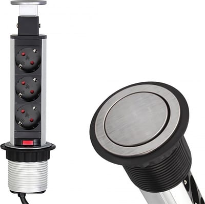 Design Light Liftbox - Stekkerdoos - Pop up verdeelstekker met 3 stopcontacten - Inbouw Stekkerblok met 1.8 meter kabel - Zilver