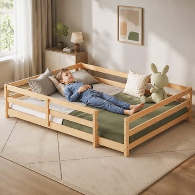 Montessori vloerbed - Kinderbed 140x200 cm - Tweepersoonsbed 140x200 cm - Grondbed - Met Valbeveiliging - Dennenhout - Snel Gemonteerd - Natuurlijke kleur
