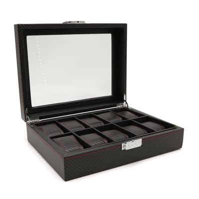 Axbo Luxe Horloge Doos – Opbergdoos – 10 Vakken - Kist – Carbon Fiber look – Verwijderbaar Kussens – Watch Box – Leder – Leer – Zwart - Rood