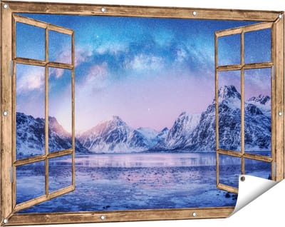 Gards Tuinposter Doorkijk Melkweg bij de Besneeuwde bergen - 120x80 cm - Tuindoek - Tuindecoratie - Wanddecoratie buiten - Tuinschilderij