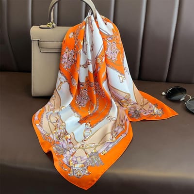 Luxe   Kettingprint Vierkante Zijden Sjaal Voor Vrouwen Hijab Haarbanden 70Cm Neckerchief Vrouwelijke Satijnen Sjaal Lint Hoofdband orange