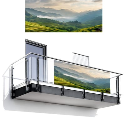Balkonscherm 300x120 cm - Balkonposter Rijstvelden - Bergen - Groen - Natuur - Balkon scherm decoratie - Balkonschermen - Balkondoek zonnescherm