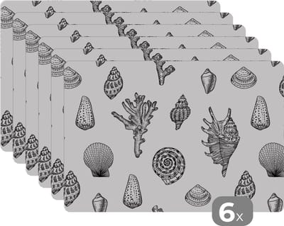 Placemat - Placemats kunststof - Schelpen - Zee - Zomer - Patronen - Koraal - 45x30 cm - 6 stuks - Hittebestendig - Anti-Slip - Onderlegger - Afneembaar