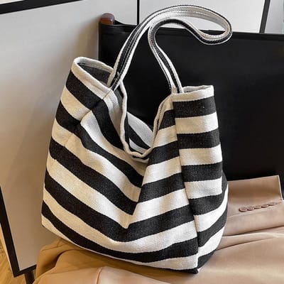 Koreaanse Ins Luie Stijl Gestreepte Canvas Tas Literair Contrasterende Kleur Tote Bag Grote Capaciteit Schoudertas Boodschappentas Grote Tas gray