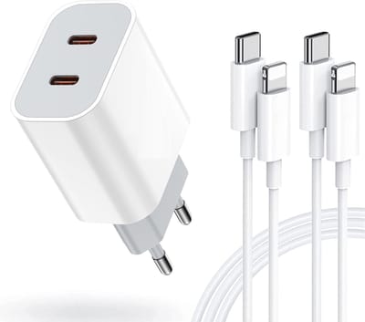 35W Snellader met 2 USB-C Poorten + 2x Geschikt voor iPhone Snellaadkabel - 2 Meter