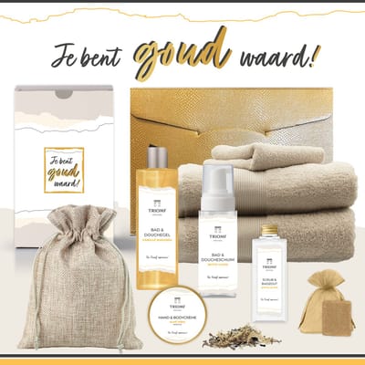 Geschenkset “Je bent Goud Waard!” - 9 producten - 1940 gram - Triomf Cosmetica | Giftset voor haar Cadeau Valentijn Vriendin Luxe Wellness Cadeaubox Vrouw Cadeaupakket Kerst Kerstpakket Geschenk Moeder Moederdag Pakket Verjaardag Gift Set Geel Beige