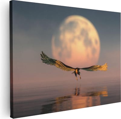Artaza Canvas Schilderij Vogel - 80x60 cm - Wanddecoratie Zee - Muurdecoratie Volle Maan - Schilderijen Op Canvas Zonsondergang