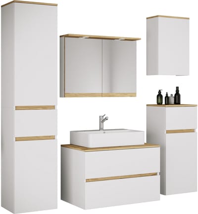 VCM 6-tlg. Waschtisch Set mit Keramikbecken, Badschrank mit 2 Softclose-Schubladen, Hochschrank, Midischrank, Hängeschrank, Spiegelschrank mit Beleuchtung und Steckdose, Maße Unterschrank H. 51 x B. 80 x T. 51 cm, Cosila-A