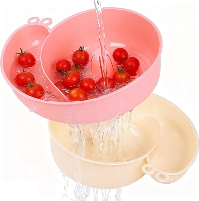 Multifunctionele Afvoermand in Slakkenvorm, Automatische Fruit- en Groentestrainer, Handige Keukenkom voor Rinsing en Salades (Set van 2, Roze en Wit)