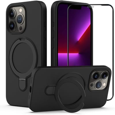 Siliconen hoesje Kickstand met Fullcover Glasplaatje - Schokbestendig MagSafe case Geschikt voor: iPhone 16 Pro Max - Zwart