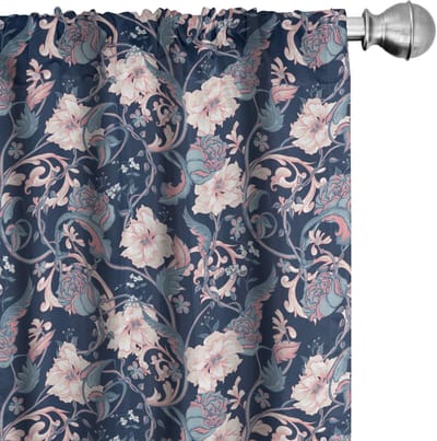 ABAKUHAUS Victoriaanse gordijnen – Magnolia & rozen – 2x75x225 cm – donkerblauw/roze
