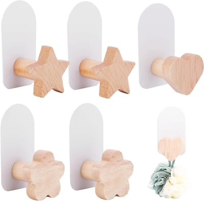 Houten Kinderjassen Haakjes - 6 Stuks, Schattig Ontwerp, Muurbevestiging, Zelfklevend voor Kleding, Sjaals, Handdoeken en Tassen