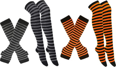 Halloween Kousen en Vingerloze Handschoenen Set - Grijze en Oranje Gestreepte Knie- en Dijenhoge Kousen voor Feestelijke Kostuums en Accessoires