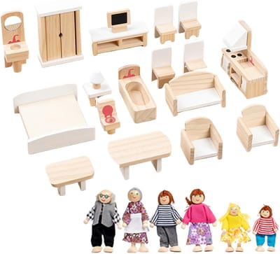Houten Poppenhuis Meubels - Poppenhuis Accessoires - Fantasie Spel - Inclusief 6 Poppen - 5 Kamers - Wit
