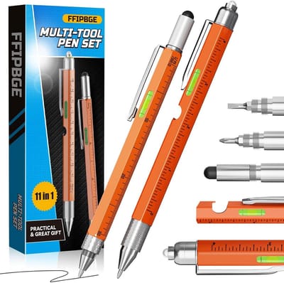 2 Stuks Multitool Pen Set 9-in-1 Met LED Zaklamp, Waterpas & Schroevendraaier - Cadeau voor Mannen