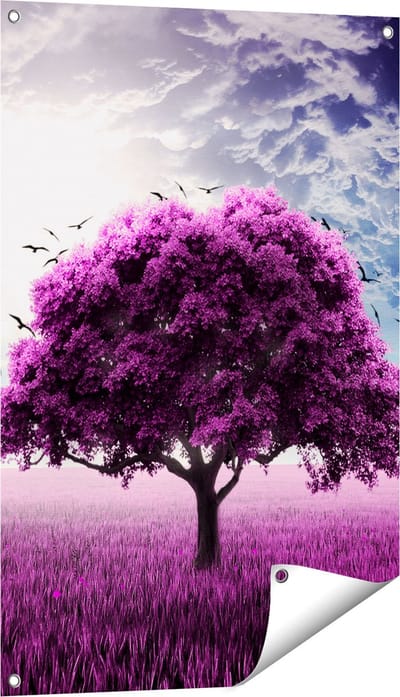 Gards Tuinposter Paarse Boom in het Paars Veld met Vogels - 60x90 cm - Tuindoek - Tuindecoratie - Wanddecoratie buiten - Tuinschilderij