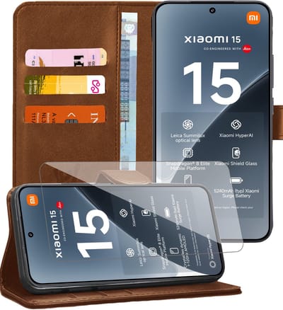 Hoesje geschikt voor Xiaomi 15 - Screenprotector Glas - Portemonnee Book Case Bruin