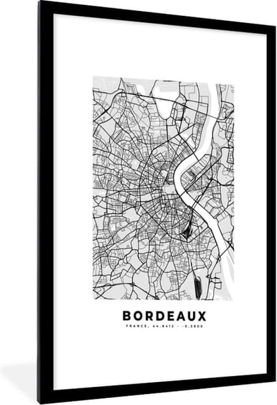 Fotolijst incl. Poster - Plattegrond - Bordeaux - Stadskaart - Kaart - Frankrijk - 60x90 cm - Posterlijst