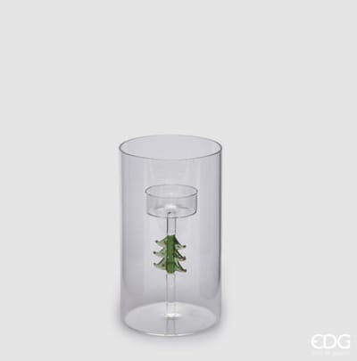 EDG Enzo De Gasperi - Glazen kaarsenhouder met dennenboom in glas H16 D9 Groen