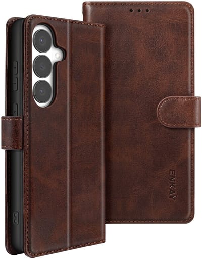 ENKAY, Etui Geschikt voor Galaxy S26 met Gehard Glas en Polsband inclusief Screenprotector, Bruin