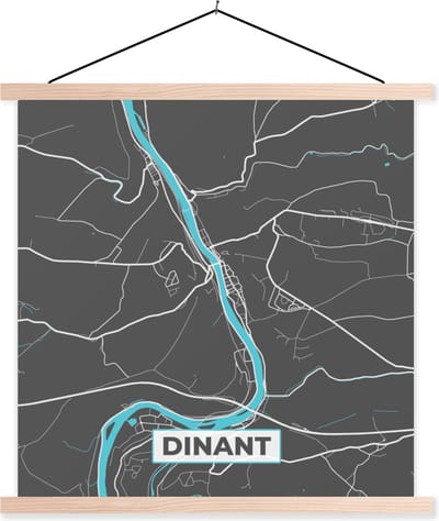 Posterhanger incl. Poster 40x40 cm - Schoolplaat - België – Dinant – Stadskaart – Kaart – Blauw – Plattegrond - Textielposter - Blanke latten - Stadskaart