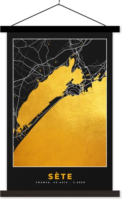 Posterhanger incl. Poster 40x60 cm - Schoolplaat - Stadskaart – Frankrijk – Kaart – Plattegrond - Sète - Textielposter - Zwarte latten - Stadskaart