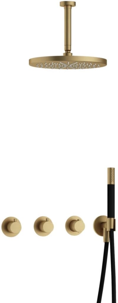 Hotbath Cobber - CB7067 - Inbouw Regendoucheset - Geborsteld Messing - 2 Stopkranen - Thermostatisch - Plafondbuis 15 cm - Hoofddouche 300 mm - Staafhanddouche - met M106 - Waterbesparend