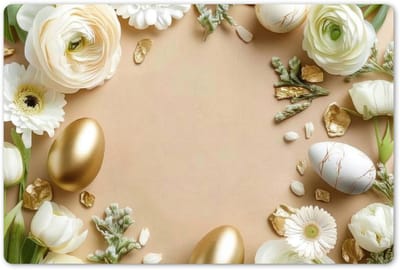 Placemats 45x30 cm - Placemat kunststof - 1 stuk - Bloemen - Paaseieren - Goud - Beige - Borden onderleggers - Decoratie voor op tafel - Keuken tafeldecoratie accessoires - Vinyl onderlegger - Tafelversiering