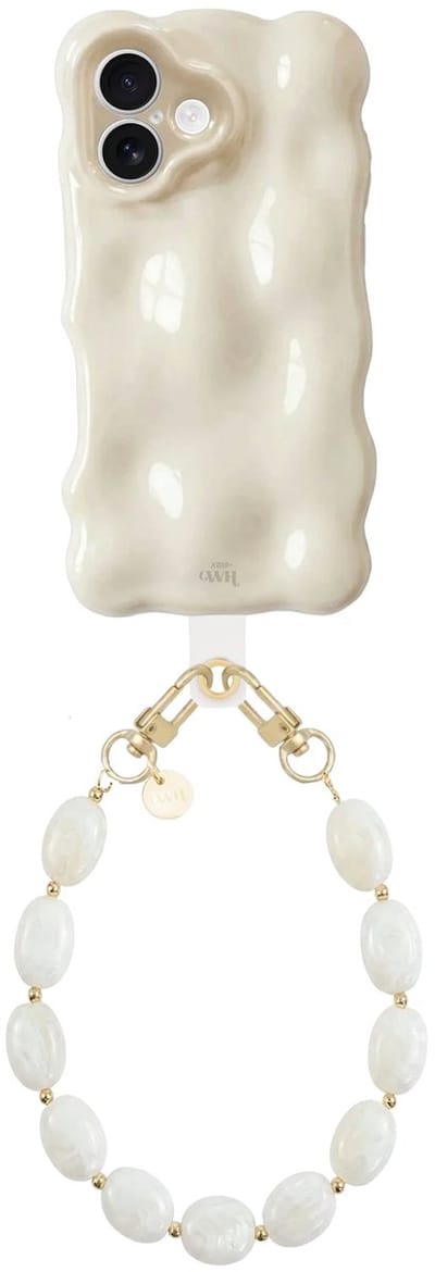 xoxo Wildhearts Bubbly case Cloud Dancer - Ocean Sand Cord (kort) - Geschikt voor iPhone 17 - Hoesje met bobbeltjes inclusief telefoonkoord - Krullende golfvorm - schokbestendig - Telefoonhoesje met koord - Koord ook afneembaar - Beige