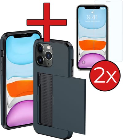 Hoesje Geschikt voor iPhone 11 Pro Hoesje Met Pasjeshouder Hard Case Met Kaarthouder Met 2x Screenprotector - Hoes Geschikt voor iPhone 11 Pro Hoesje Pashouder Case - Donkerblauw