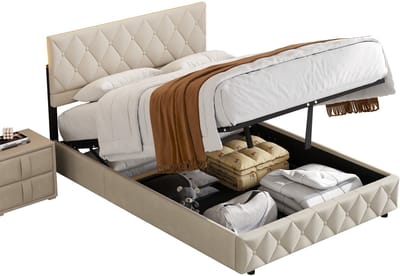 MODFU Gestoffeerd Tweepersoonsbed 140x200 cm – Met zacht hoog hoofdbord – Hoog frame met opbergruimte – Fluweel – Beige