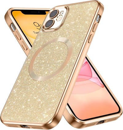 Hoesje Geschikt voor iPhone 15 Pro Max Magsafe hoesje Goud - Lens beschermer glitter backcover