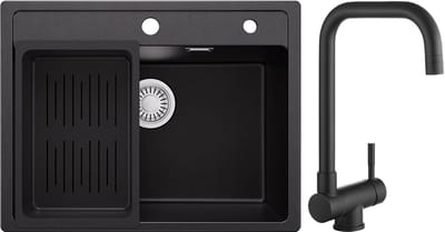 Anycee Max Granieten Spoelbakken (60x46CM) - Spoelbak Keuken Met Inklapbare Keukenkraan - Wasbak Keuken Met Waterafvoersysteem en Afdruiprek - Zwart