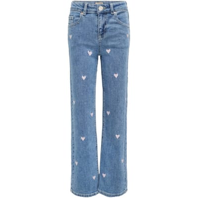 ONLY mini meisjes spijkerbroek JUICY WIDE LEG HEART Light Medium Blue Denim PINK HEART EMBROIDERY Wide Leg Fit