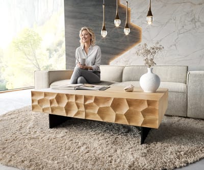 Salontafel Solu 120 cm natuur eiken 4 Lades poot zwevend metaal zwart 3D Front
