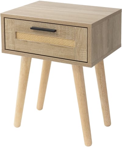 Nachtkastje 40x50,5x30 cm eikenlook bijzettafel met rotan front & massief houten poten ML design