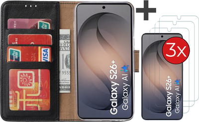 Hoesje met 3 Stuks Screenprotectors Geschikt voor Samsung Galaxy S26 Plus – Arara bookcase met pasjeshouder - Zwart