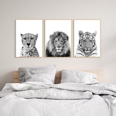 Zwart/wit dieren posters - 3 stuks - 20x30 cm - Cheetah, leeuw & tijger
