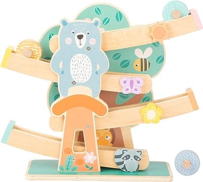 Houten Speelgoedbaan - Rolbaan - Kinderen Spelen - Met Houten Wielen - 35 x 9.5 x 31 cm - Pastelkleuren