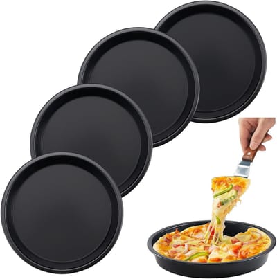 Ronde Pizza Schalen 18 cm van Koolstofstaal met Anti-aanbaklaag voor Pizza, Flammkuchen en Taart, Set van 4