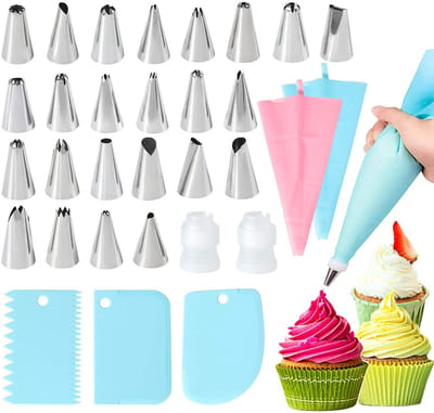 Taartdecoratie Set - Spuitmondjes, Spuitzakken & Schrapers - 31-delig - Bakken, bakgerei, bakkerij, cake