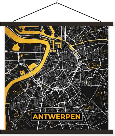 Posterhanger incl. Poster 60x60 cm - Schoolplaat - Antwerpen - Goud - Plattegrond - Stadskaart - Kaart - Textielposter - Zwarte latten - Stadskaart