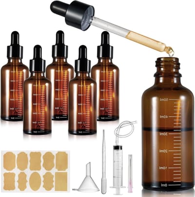 5 Stuks Amber Glazen Flesjes met Schaal en Pipet 50ml voor Essentiële Olie, Aromatherapie en Cosmetica, Ideaal voor Laboratoria en Reizen