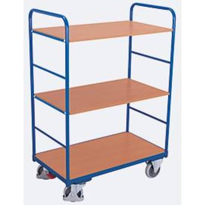 Etagewagen, staal/MDF-plaat, decor gentiaanblauw/beuken, 3 etages, 1000 x 600 mm, EasySTOP, tot 250 kg